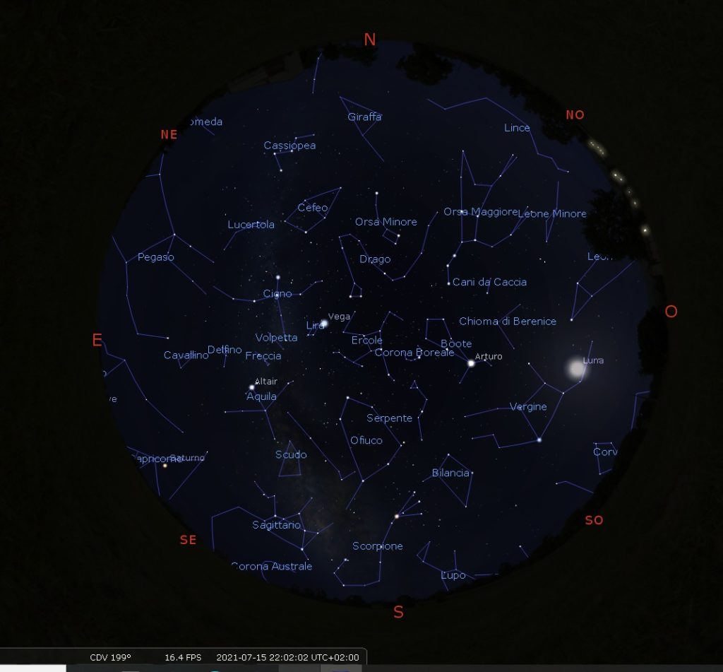 Stellarium con il cielo di luglio