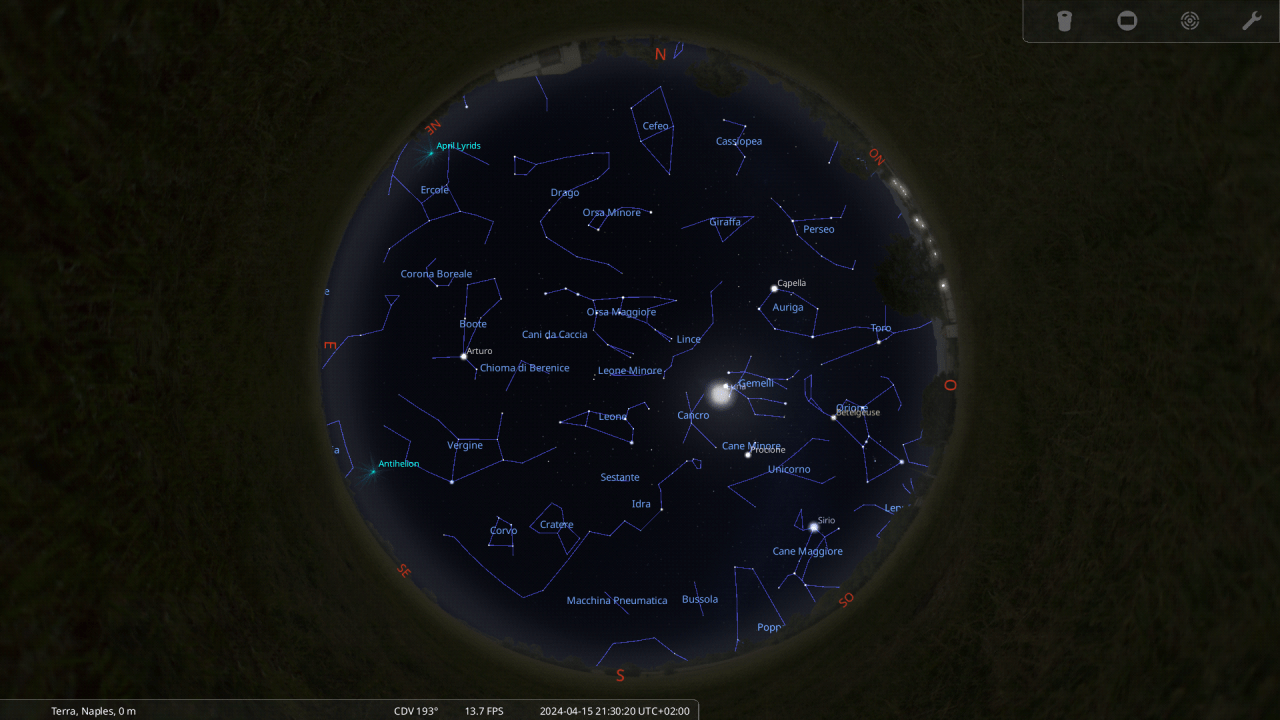 Il cielo del 15-4-2024 ore 21.30 da Stellarium