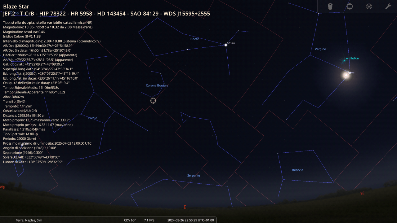 Posizione di T Coronae Borealis, utile per tenerla sotto osservazione. Elaborazione da Stellarium