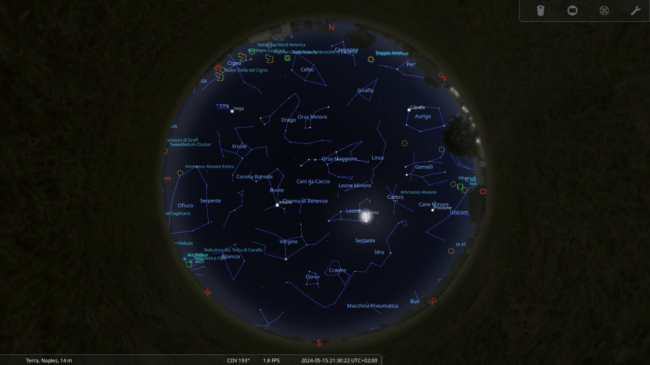 il cielo del 15-5-2024 ore 21.30 da Stellarium