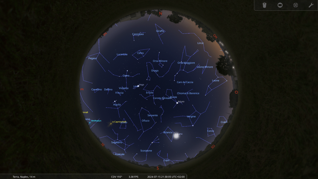 il cielo del 15-7-2024 ore 21.30 da Stellarium